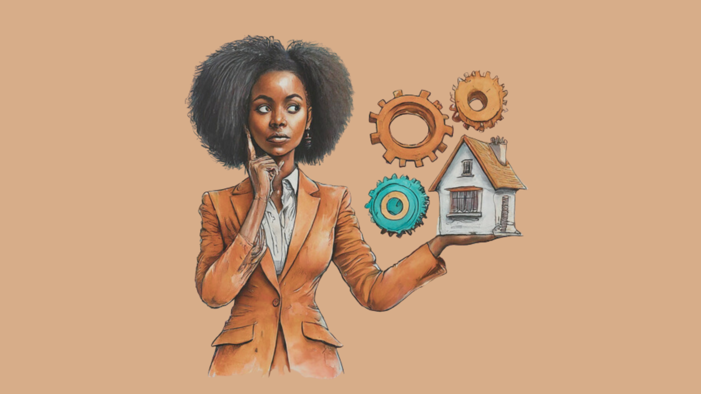 A sketch of a real estate agent choosing between marketing tools represented by a house and a gear, symbolizing the search for the perfect agency partnership.