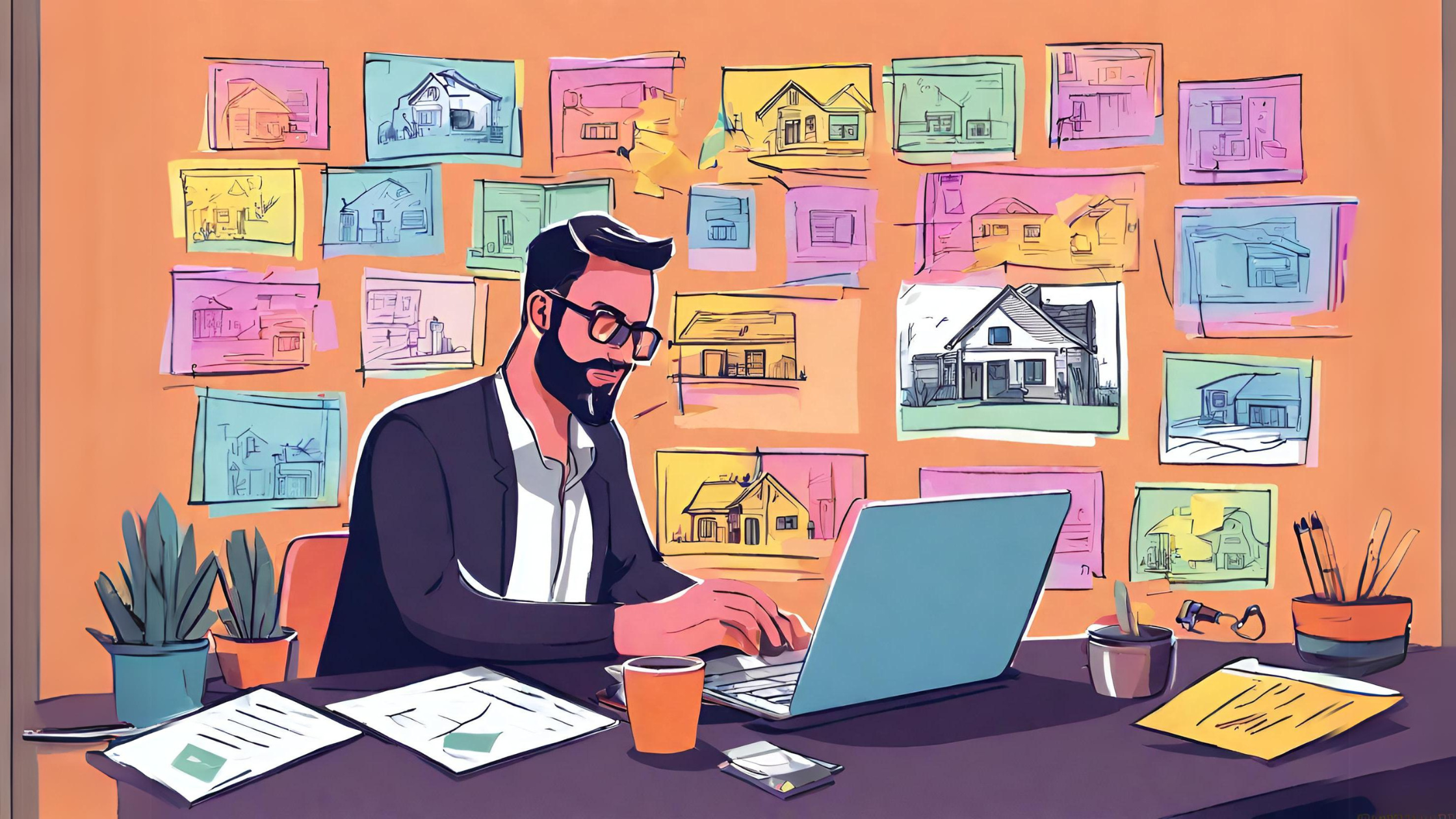 A colorful sketch of a real estate agents editing a video on a laptop. Surrounded by colorful sticky notes, storyboards, and thumbnail video showing house, highlighting the planning and creative process behind engaging video marketing for real estate.