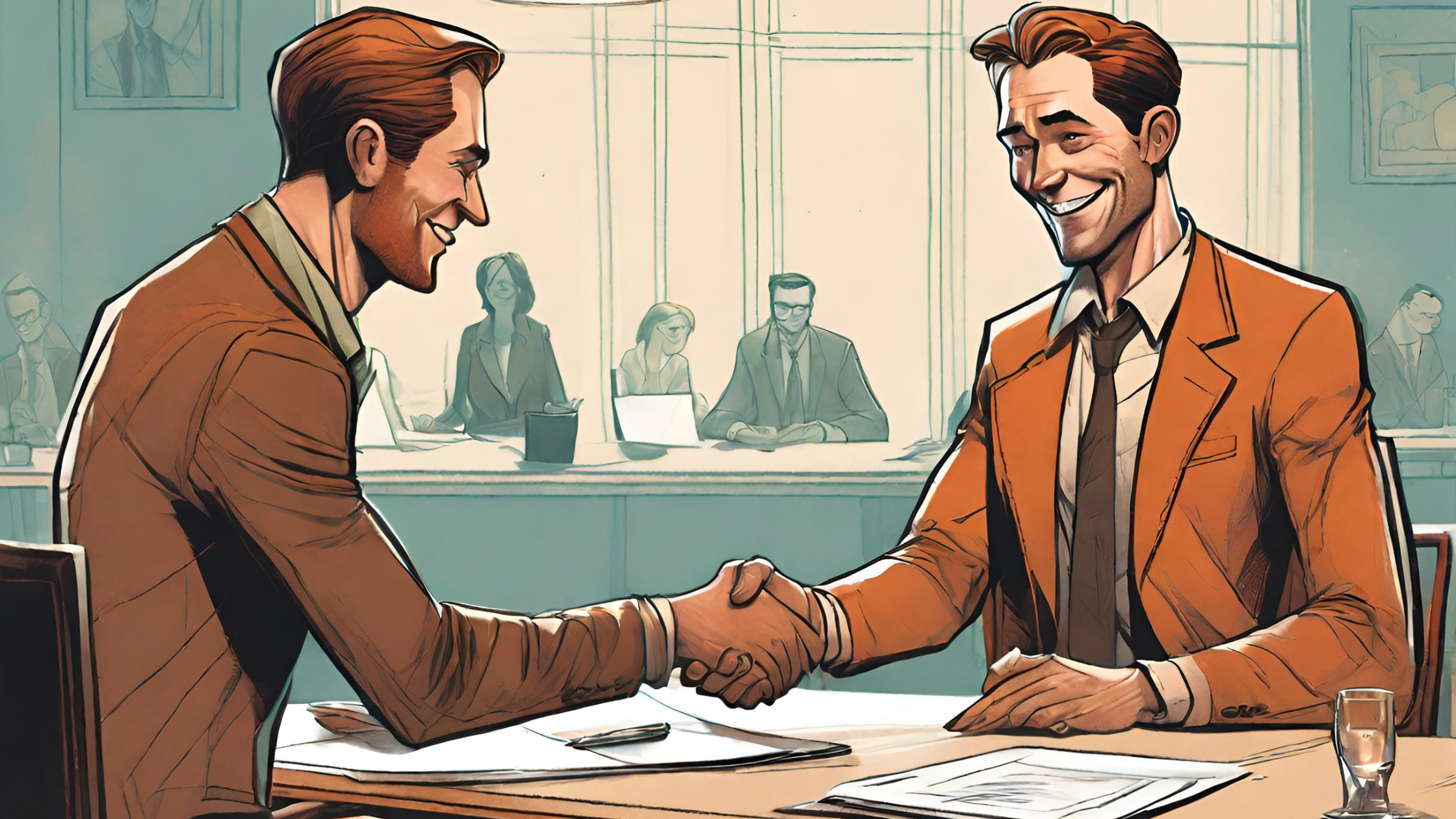 Image of two people, one seller and one buyer, shaking hands in a modern office setting after successfully negotiating a real estate deal.