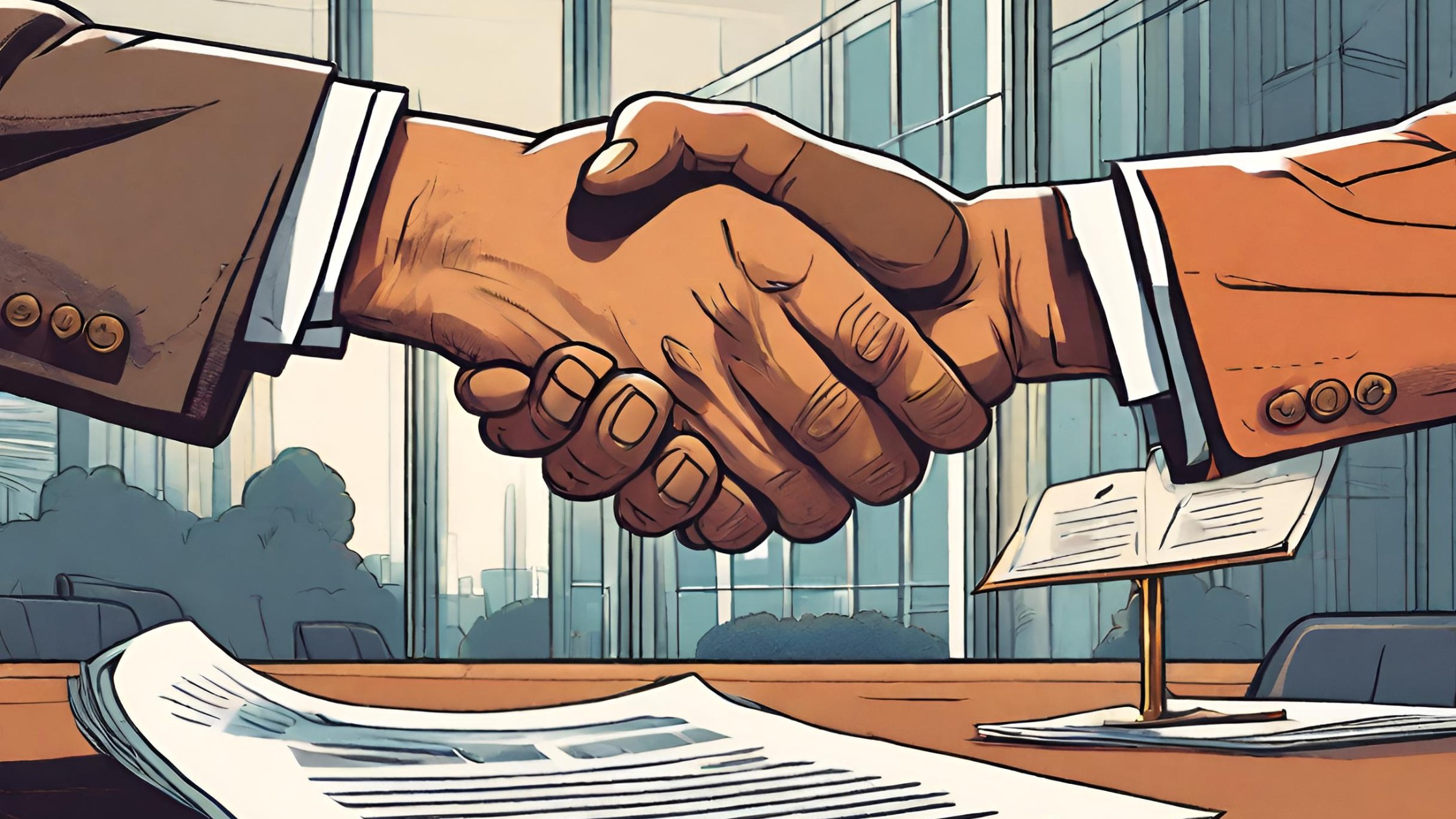 Image of a handshake over a real estate contract, symbolizing partnership and agreement.